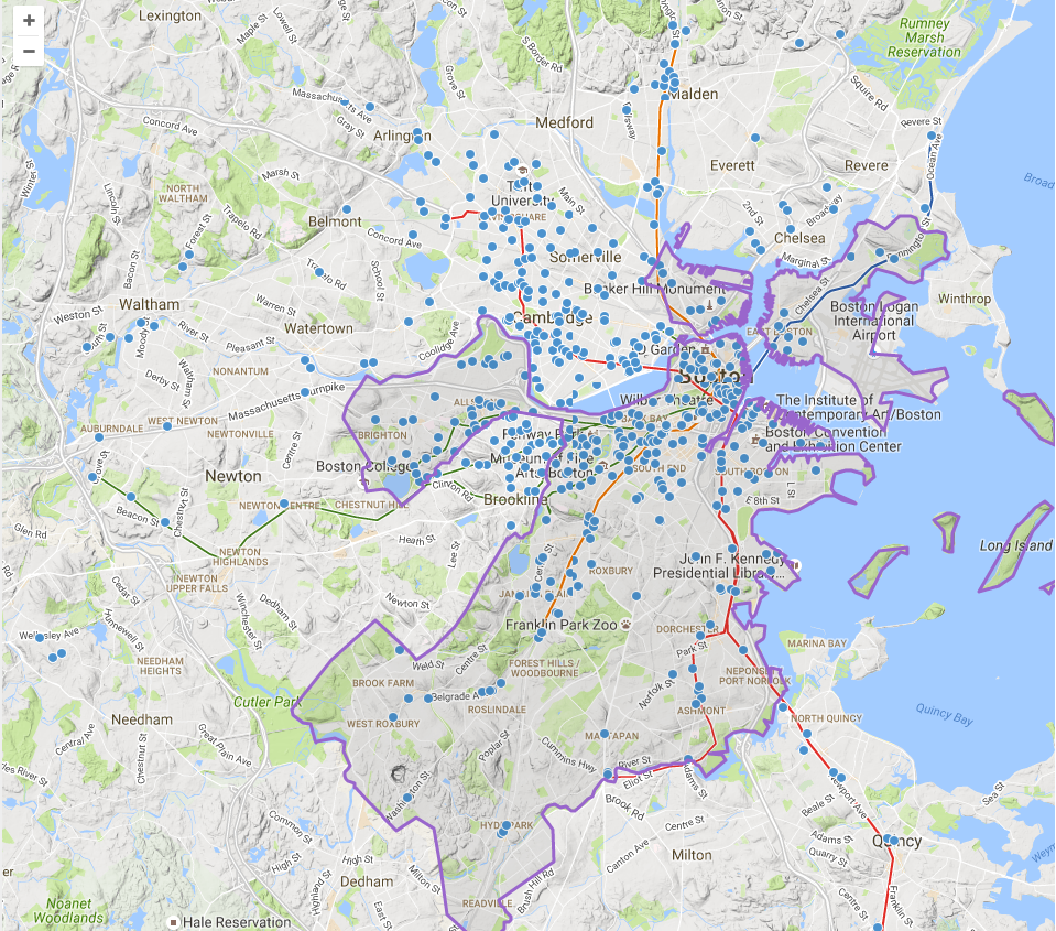 FIGURE 3-4: Carsharing Availability in Greater Boston: This map shows the location of carsharing vehicles in the Greater Boston Area. 